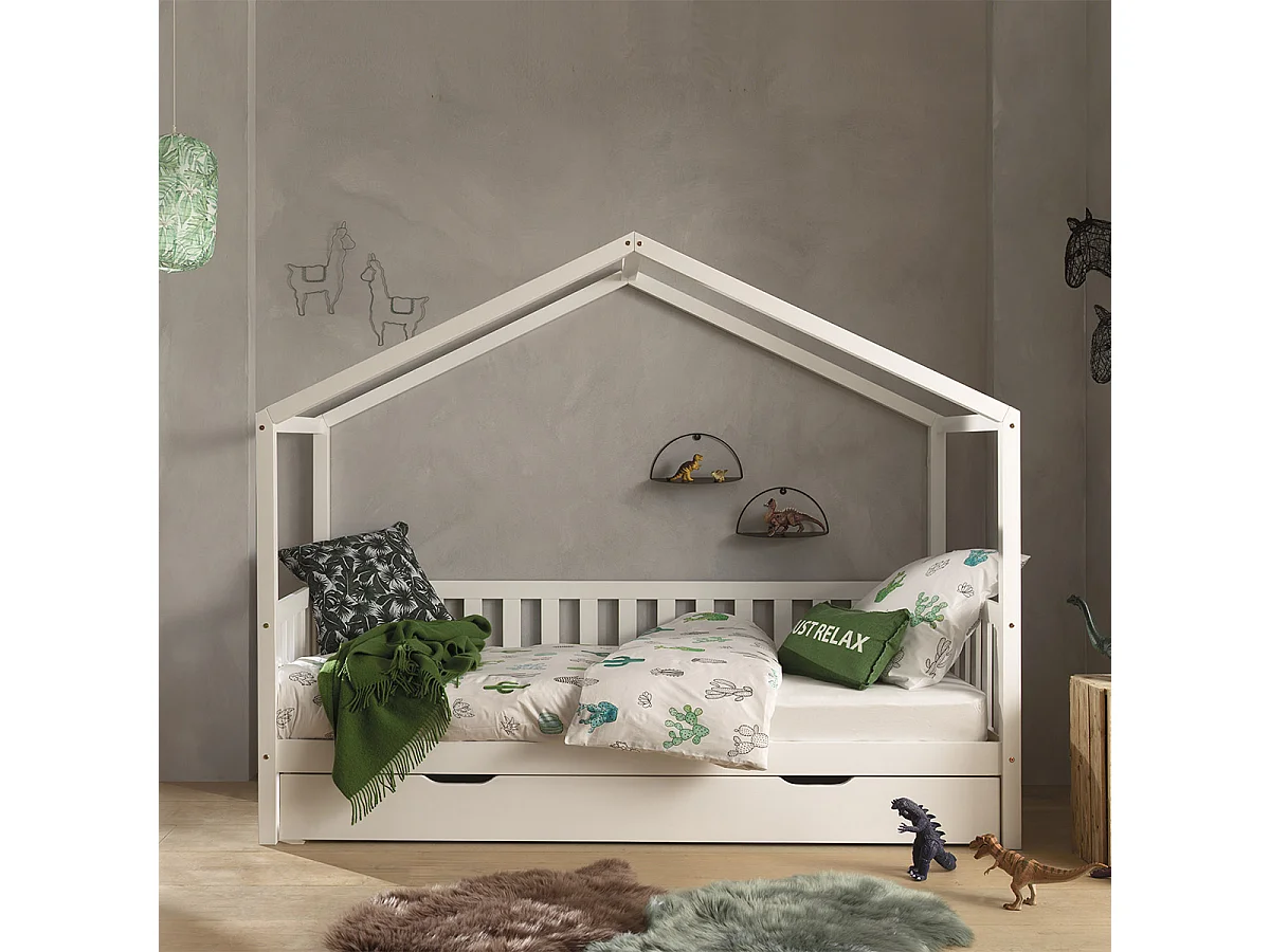 Pack - Lit Enfant, Barrière & Tiroir "Dallas II" 90x200cm Blanc