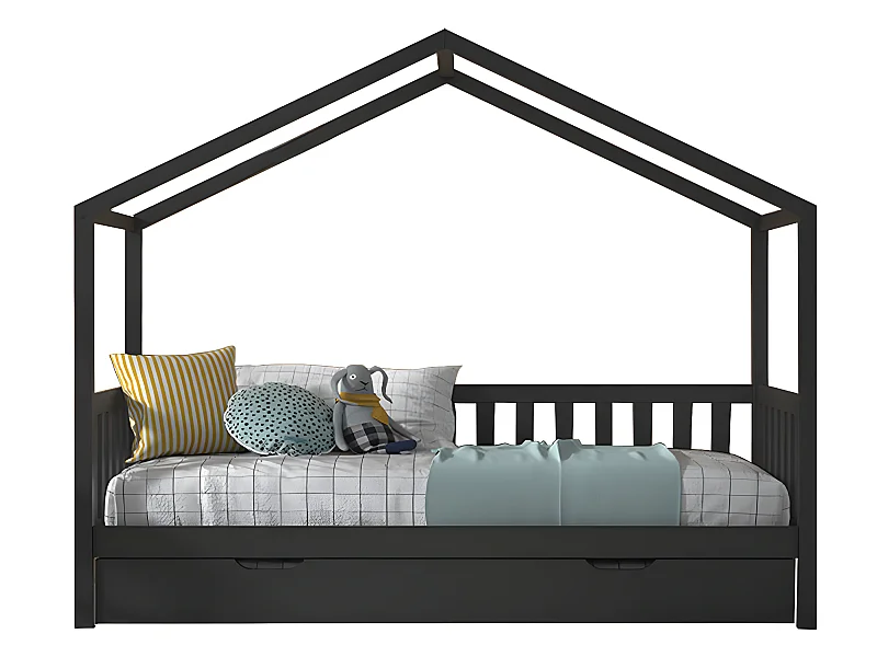 Lit cabane 90x200 sommier et tiroir inclus Dallas Anthracite
