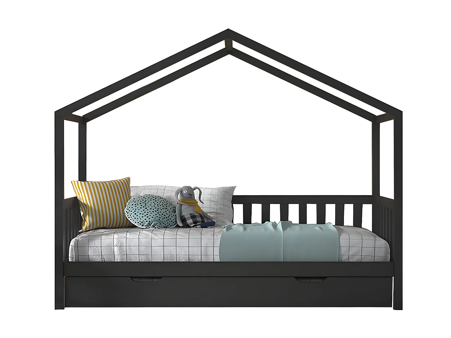 Lit cabane 90x200 sommier et tiroir inclus Dallas Anthracite