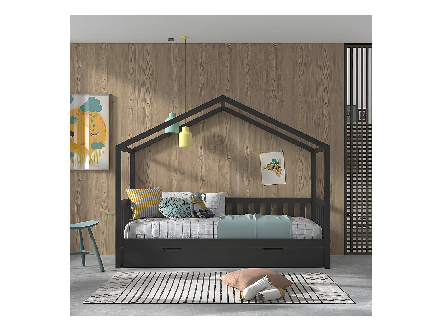 Lit cabane 90x200 sommier et tiroir inclus Dallas Anthracite