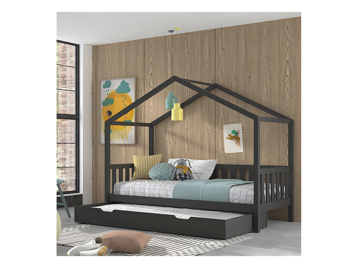 Lit cabane 90x200 sommier et tiroir inclus Dallas Anthracite