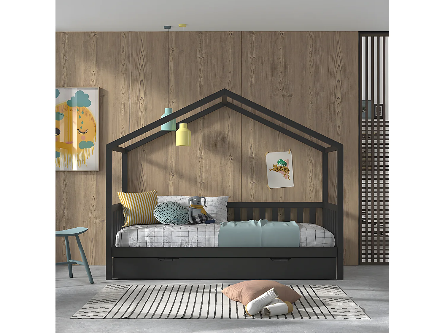 Lit cabane 90x200 sommier et tiroir inclus Dallas Anthracite