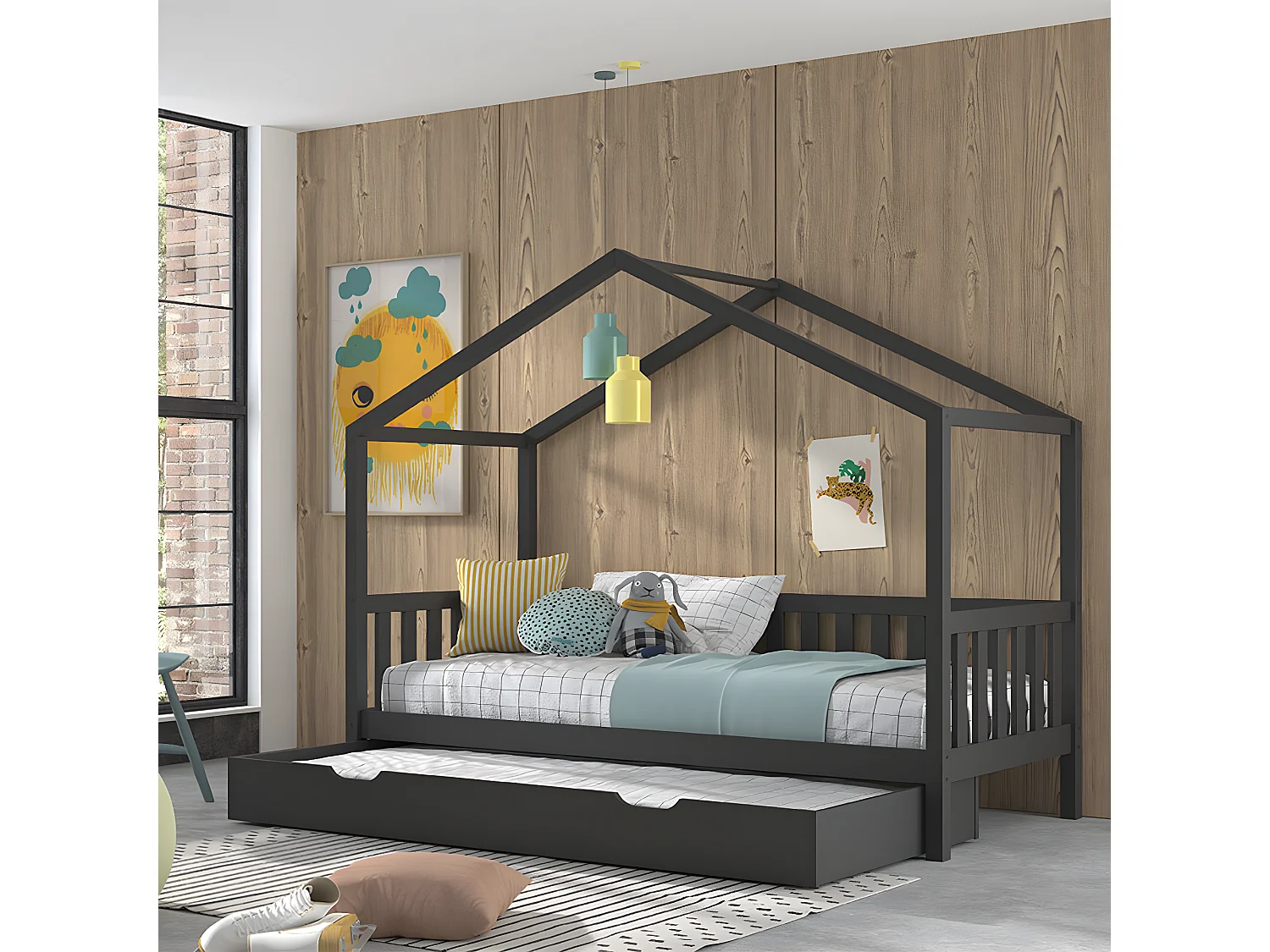 Lit cabane 90x200 sommier et tiroir inclus Dallas Anthracite