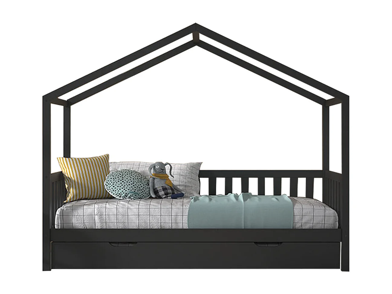 Lit cabane 90x200 sommier et tiroir inclus Dallas Anthracite