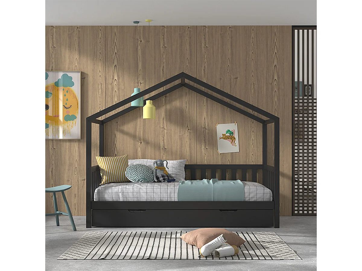 Lit cabane 90x200 sommier et tiroir inclus Dallas Anthracite