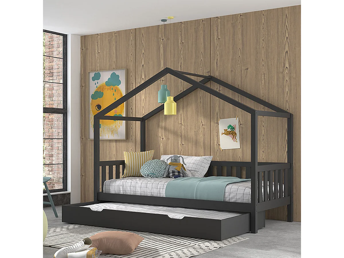 Lit cabane 90x200 sommier et tiroir inclus Dallas Anthracite