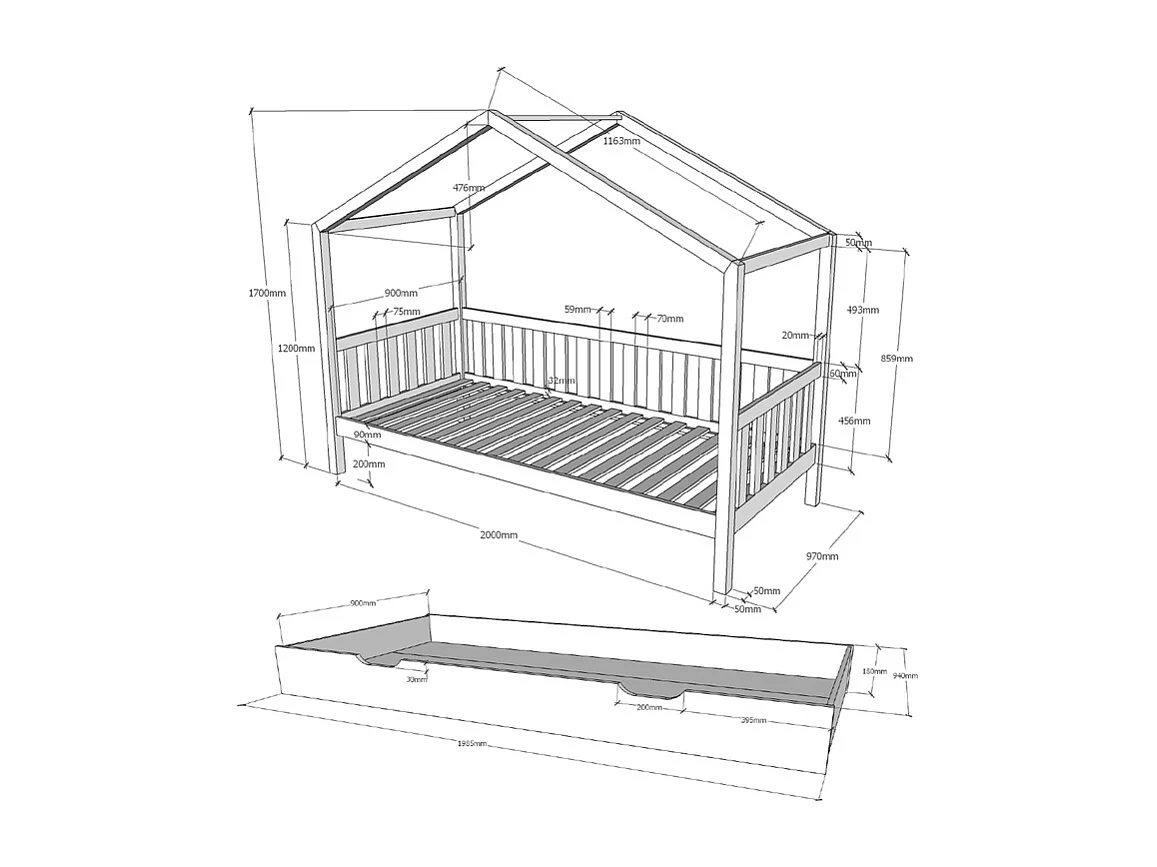 Lit cabane 90x200 sommier et tiroir inclus Dallas Anthracite