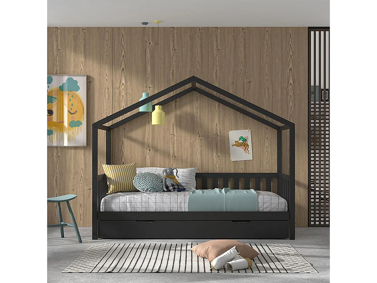 Lit Cabane Enfant & Tiroir "Dallas" 90x200cm Anthracite