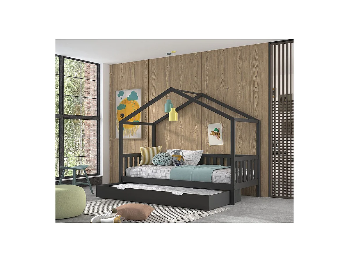 Lit Cabane Enfant & Tiroir "Dallas" 90x200cm Anthracite