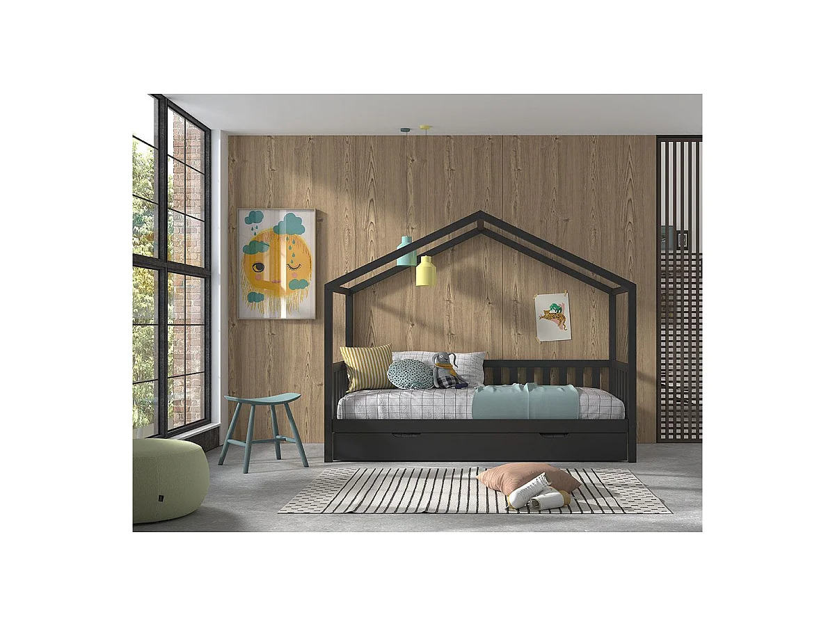 Lit Cabane Enfant & Tiroir "Dallas" 90x200cm Anthracite