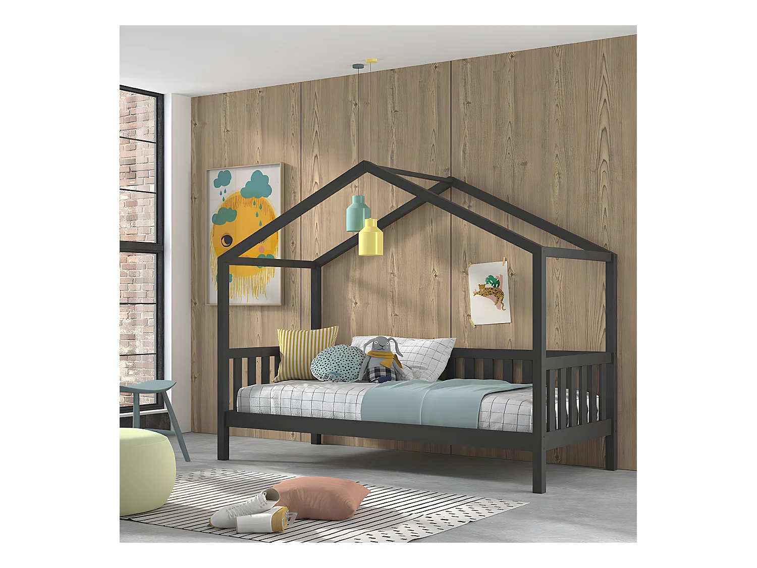 Lit cabane 90x200 sommier inclus Dallas Anthracite