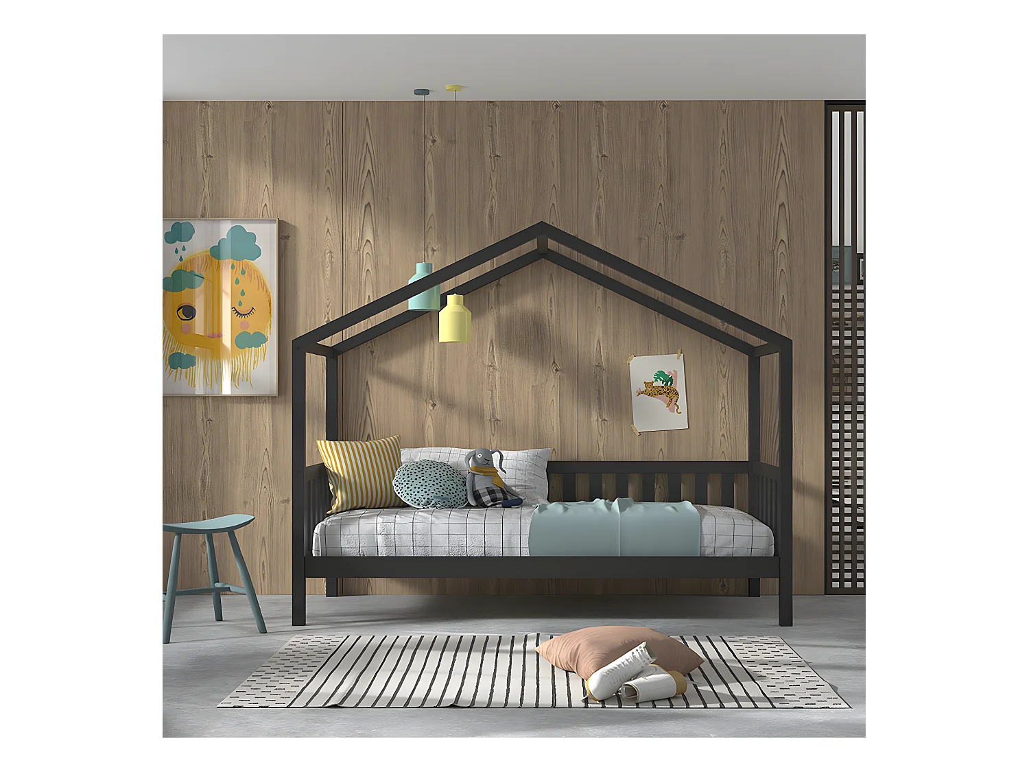 Lit cabane 90x200 sommier inclus Dallas Anthracite