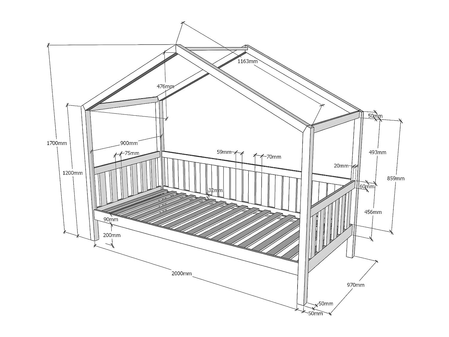 Lit cabane 90x200 sommier inclus Dallas Anthracite