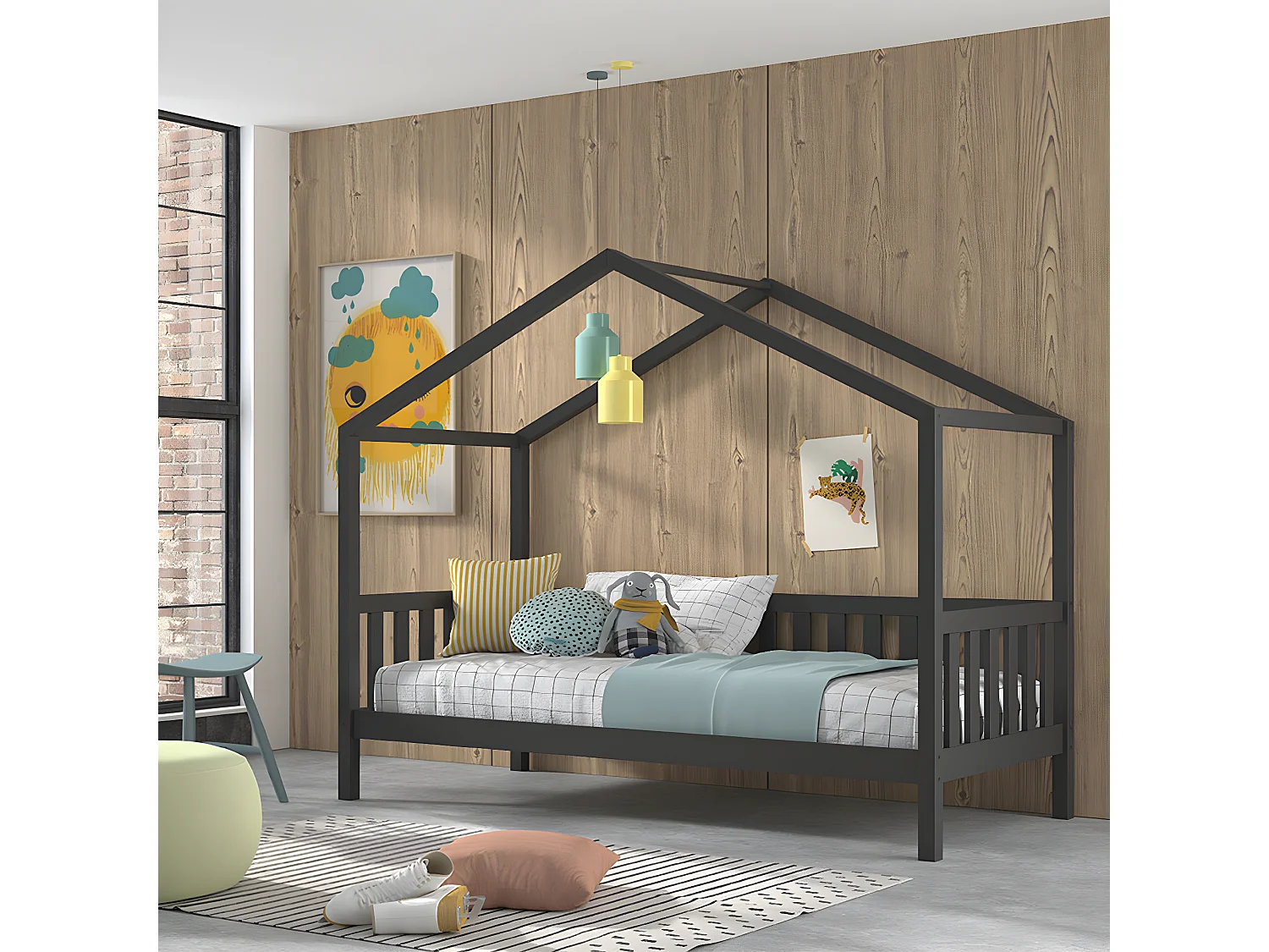 Lit cabane 90x200 sommier inclus Dallas Anthracite