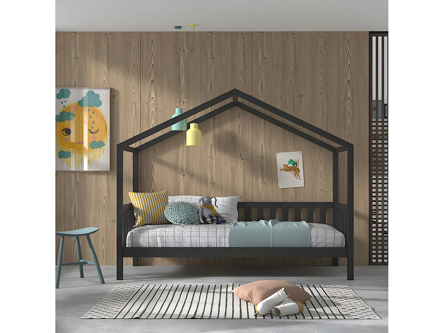 Lit cabane 90x200 sommier inclus Dallas Anthracite