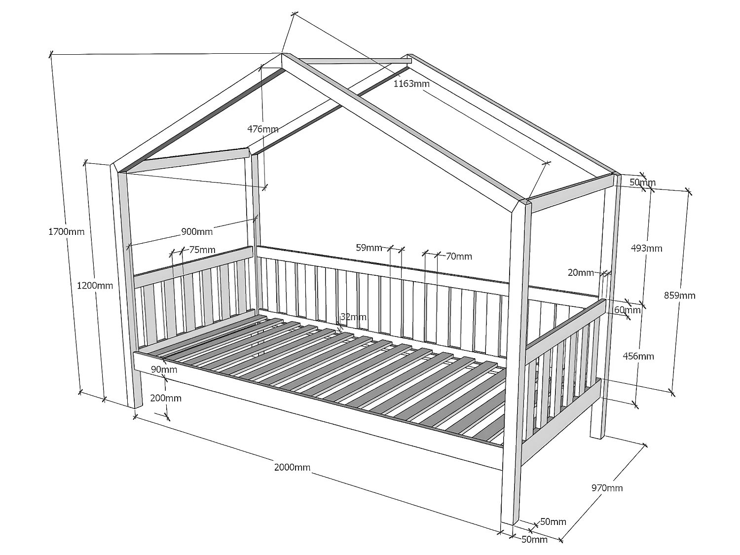 Lit cabane 90x200 sommier inclus Dallas Anthracite