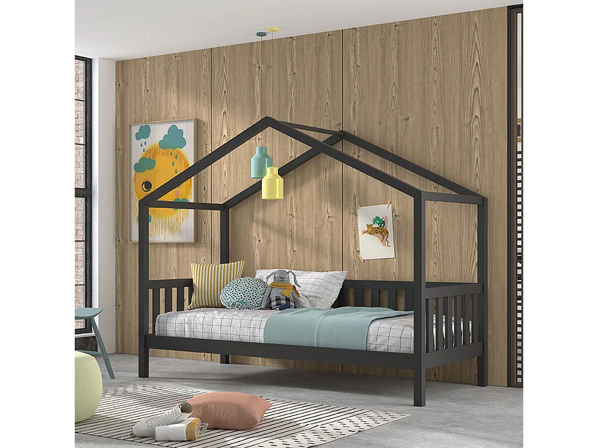 Lit Cabane Enfant "Dallas" 90x200cm Anthracite
