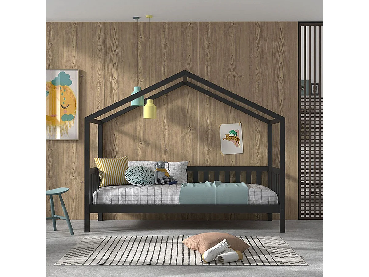 Lit Cabane Enfant "Dallas" 90x200cm Anthracite