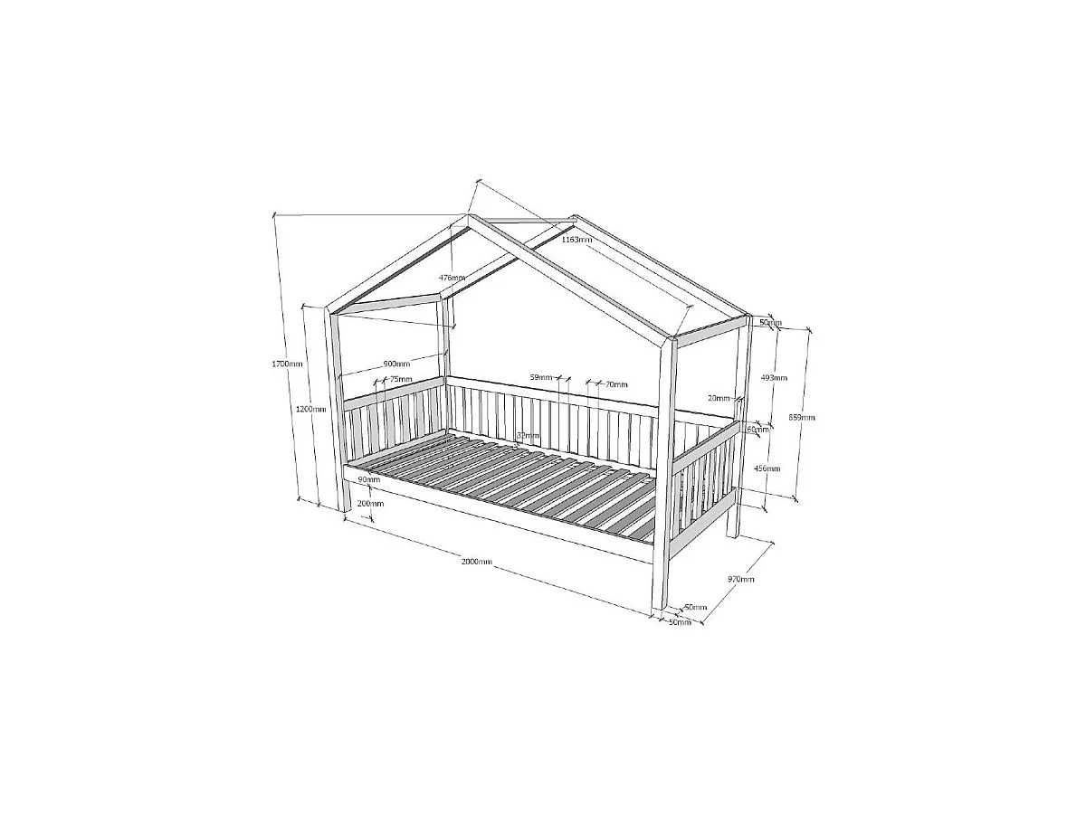 Lit Cabane Enfant "Dallas" 90x200cm Anthracite