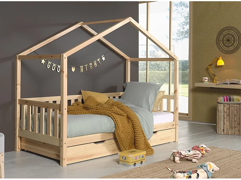 Pack - Lit Enfant, Barrière & Tiroir "Dallas II" 90x200cm Naturel