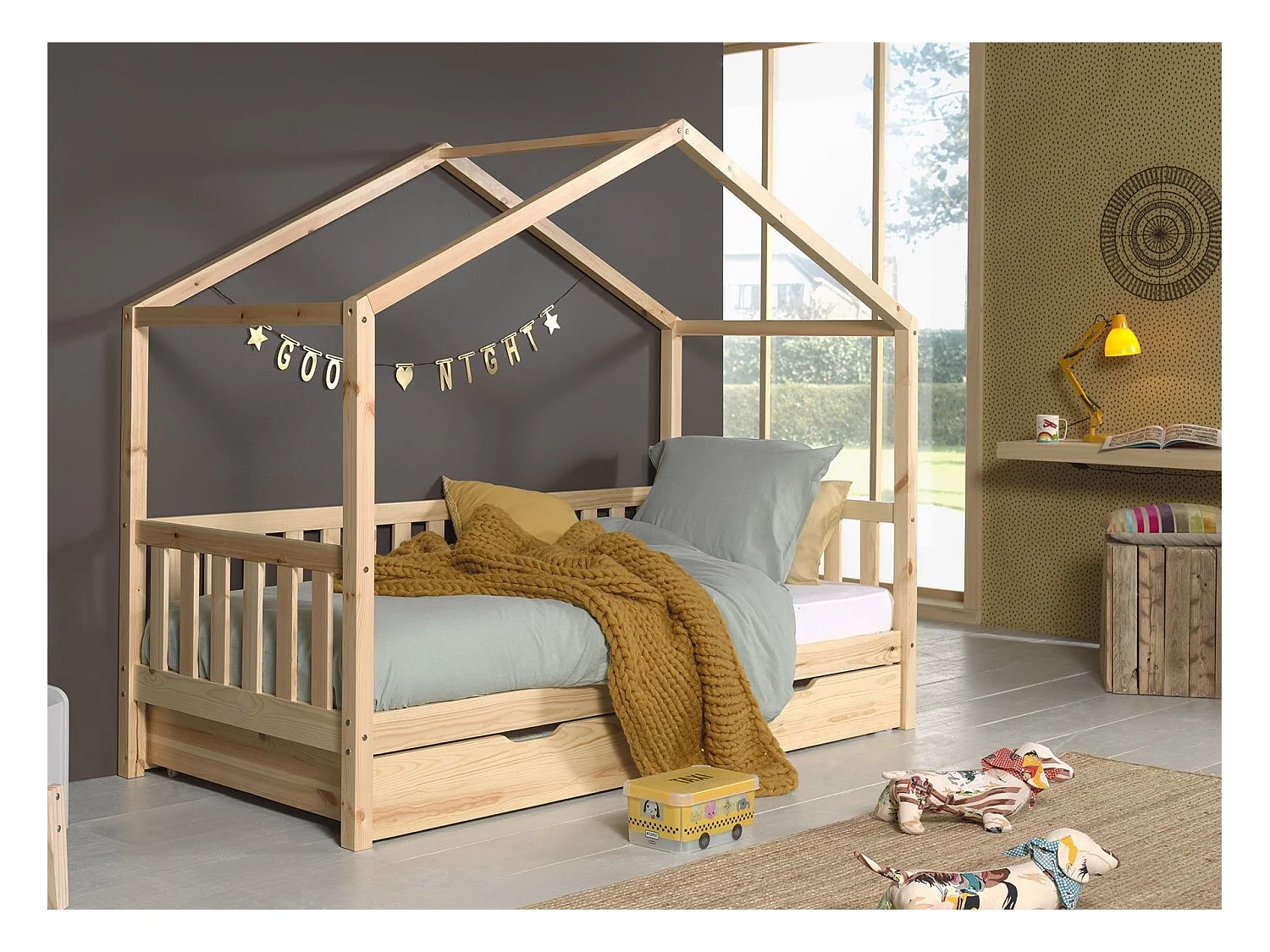 Pack - Lit Enfant, Barrière & Tiroir "Dallas II" 90x200cm Naturel