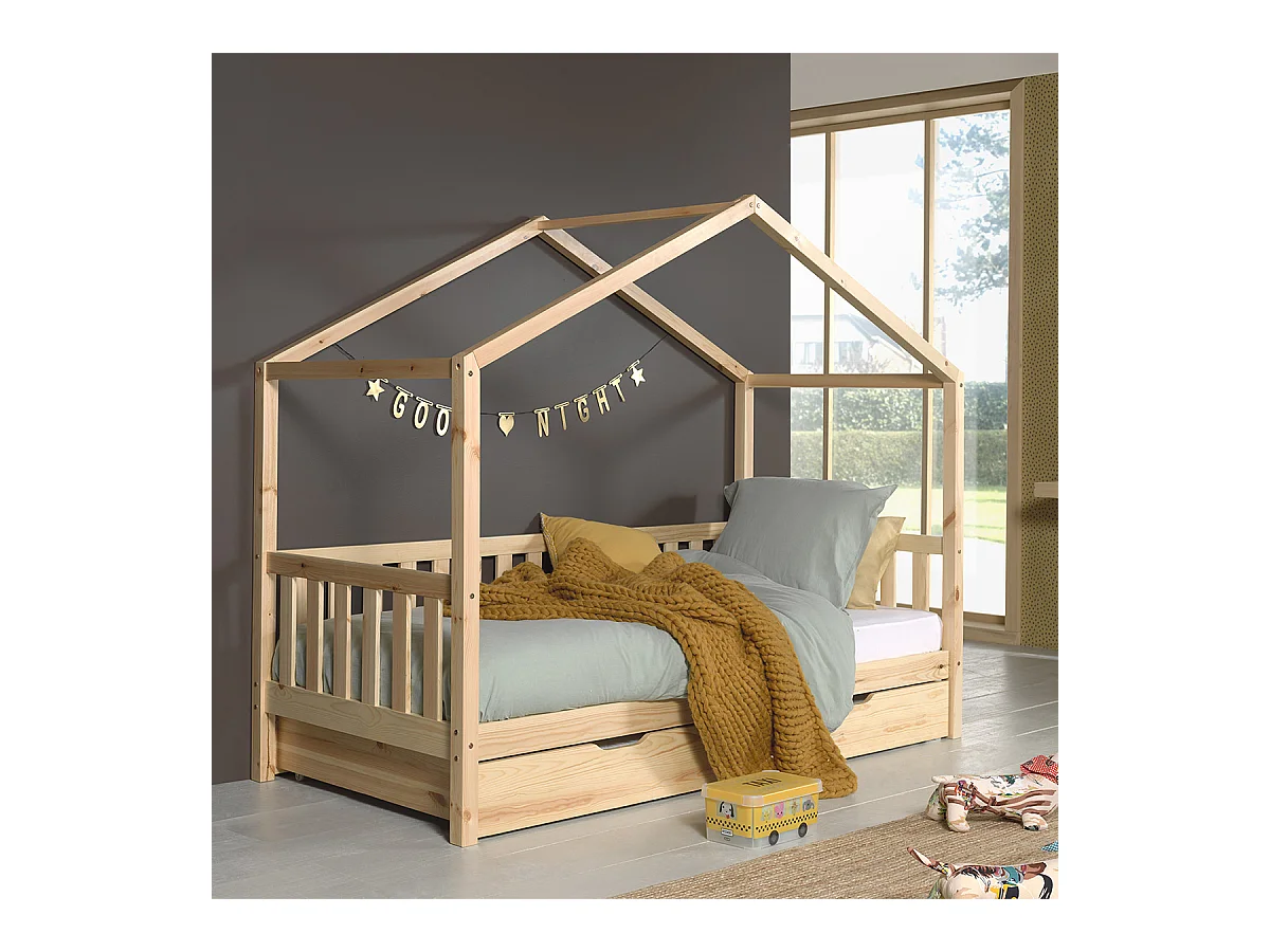 Pack - Lit Enfant, Barrière & Tiroir "Dallas II" 90x200cm Naturel