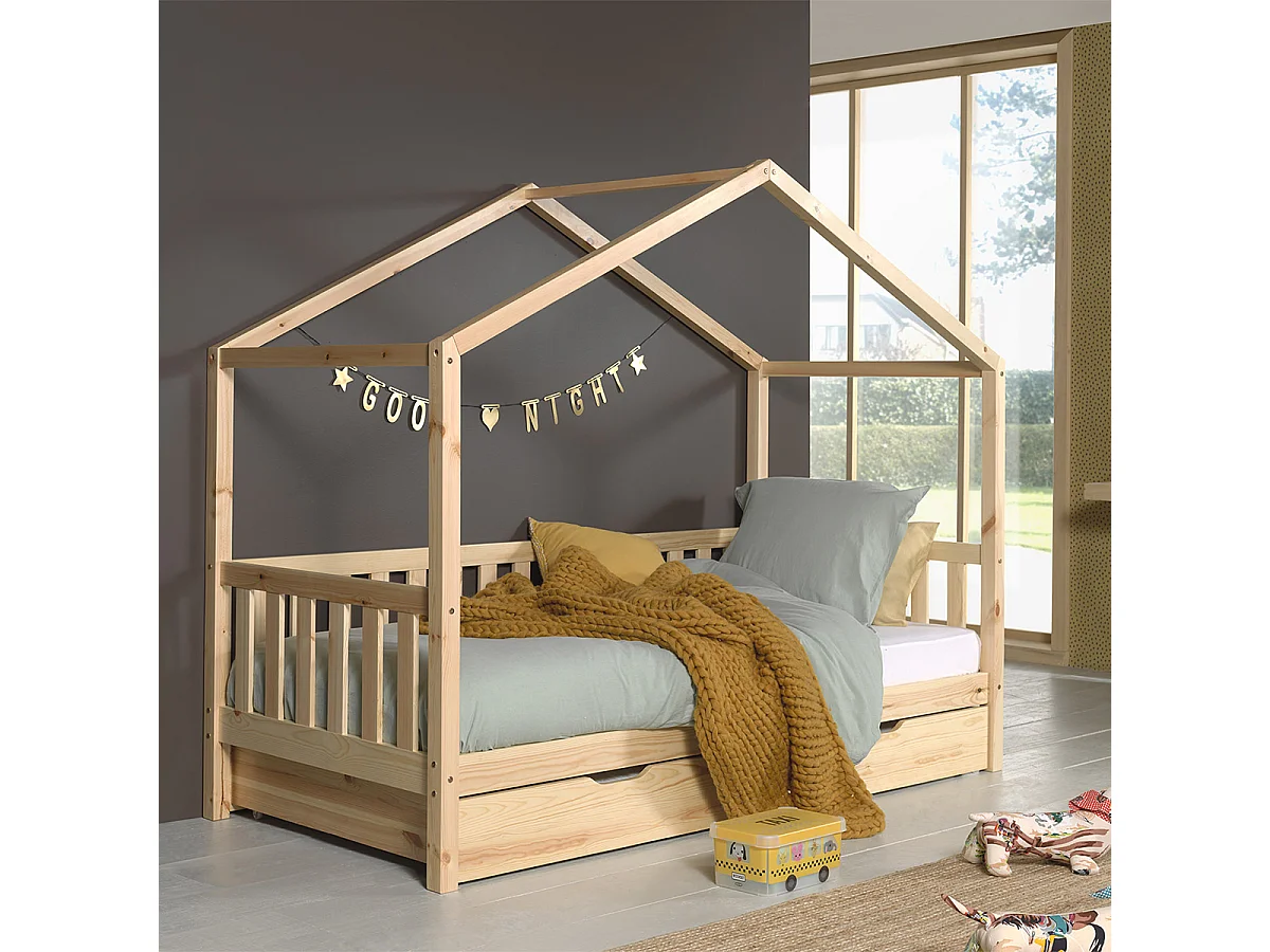 Pack - Lit Enfant, Barrière & Tiroir "Dallas II" 90x200cm Naturel