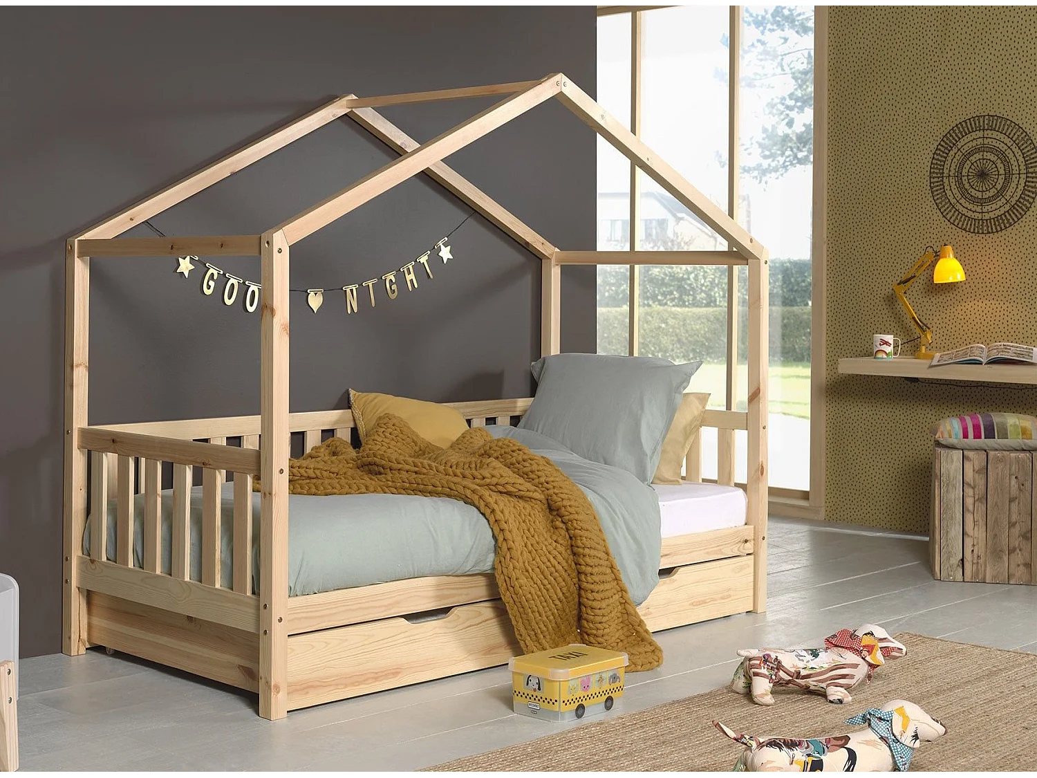 Pack - Lit Enfant, Barrière & Tiroir "Dallas II" 90x200cm Naturel