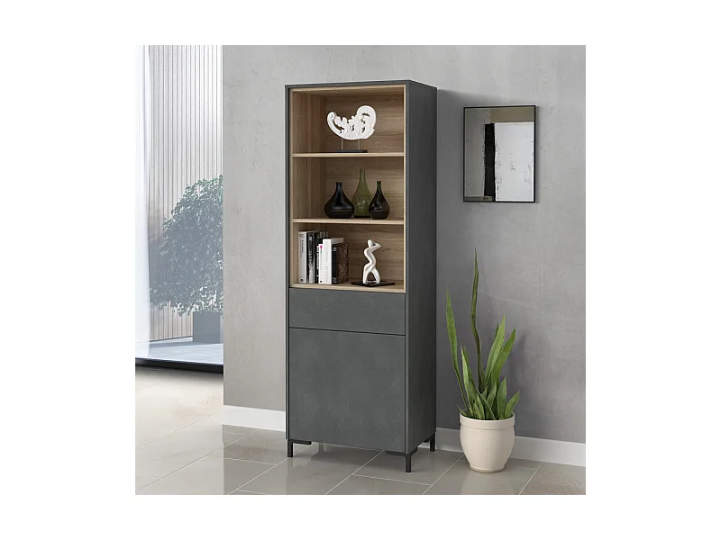 Étagère haute décor béton gris chêne clair et pieds noir - MADDY