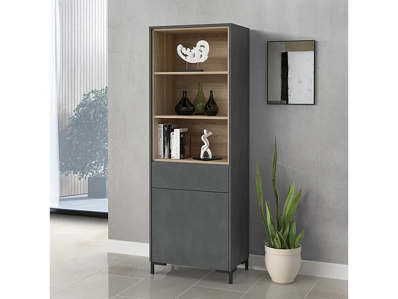 Étagère haute décor béton gris chêne clair et pieds noir - MADDY