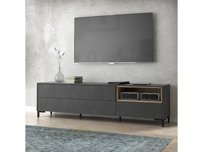 Meuble TV décor béton gris chêne clair et pieds noir - MADDY