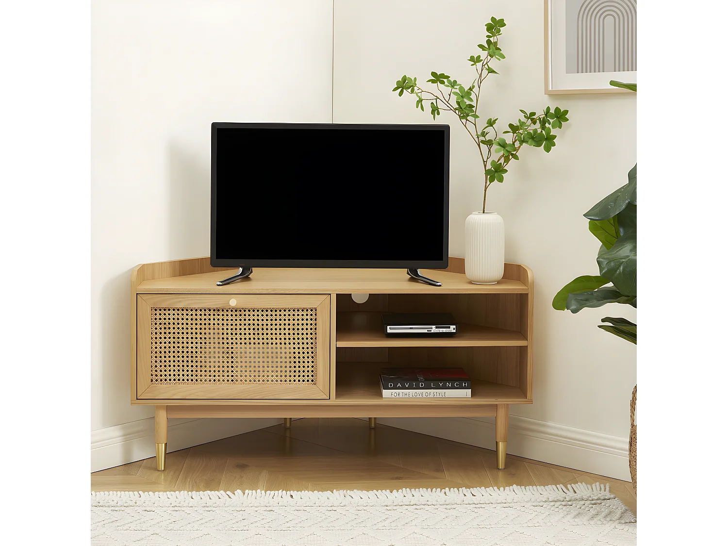 Bombong - Meuble tv d'angle en bois et cannage L120cm - Bois clair