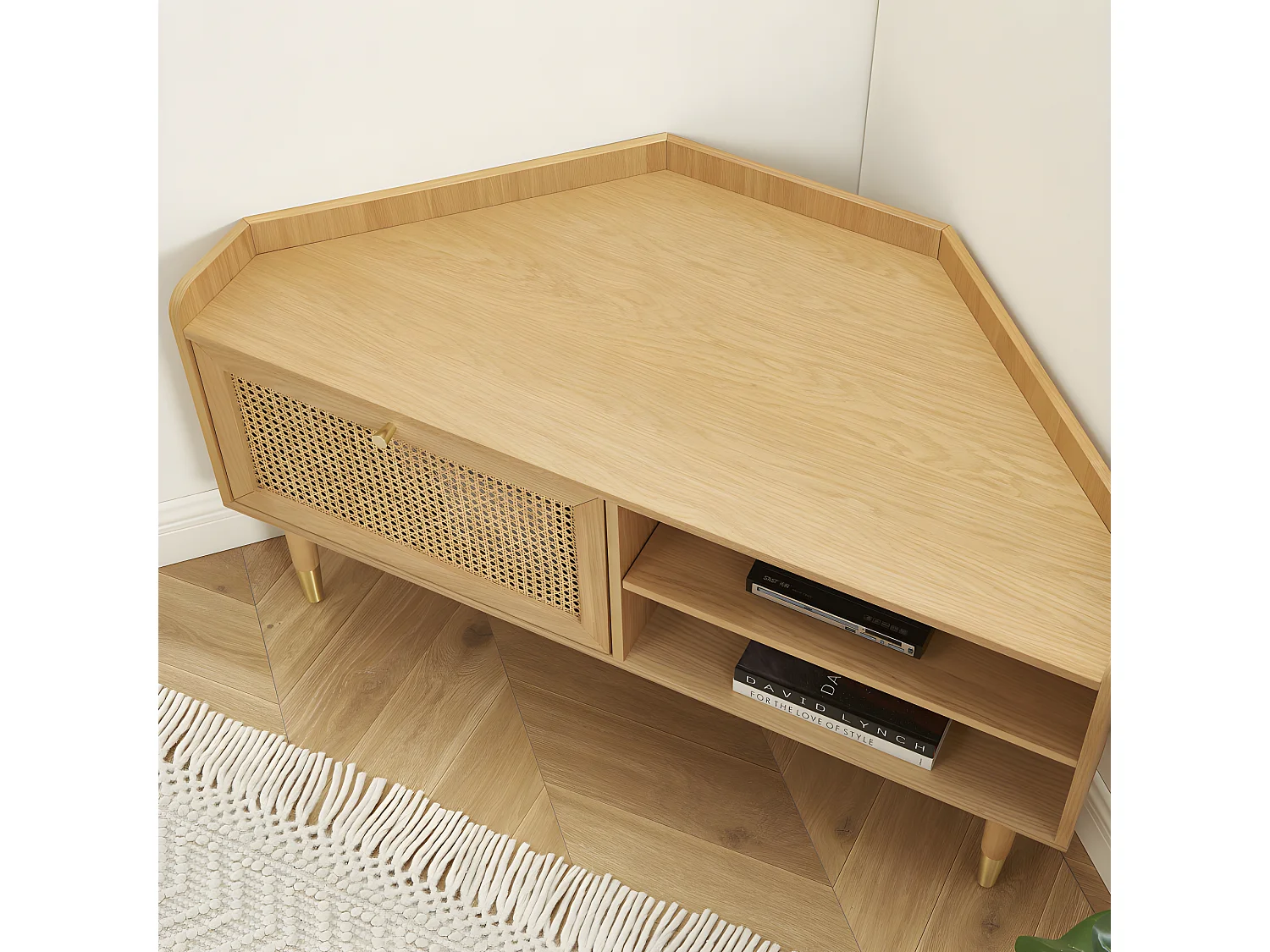 Bombong - Meuble tv d'angle en bois et cannage L120cm - Bois clair