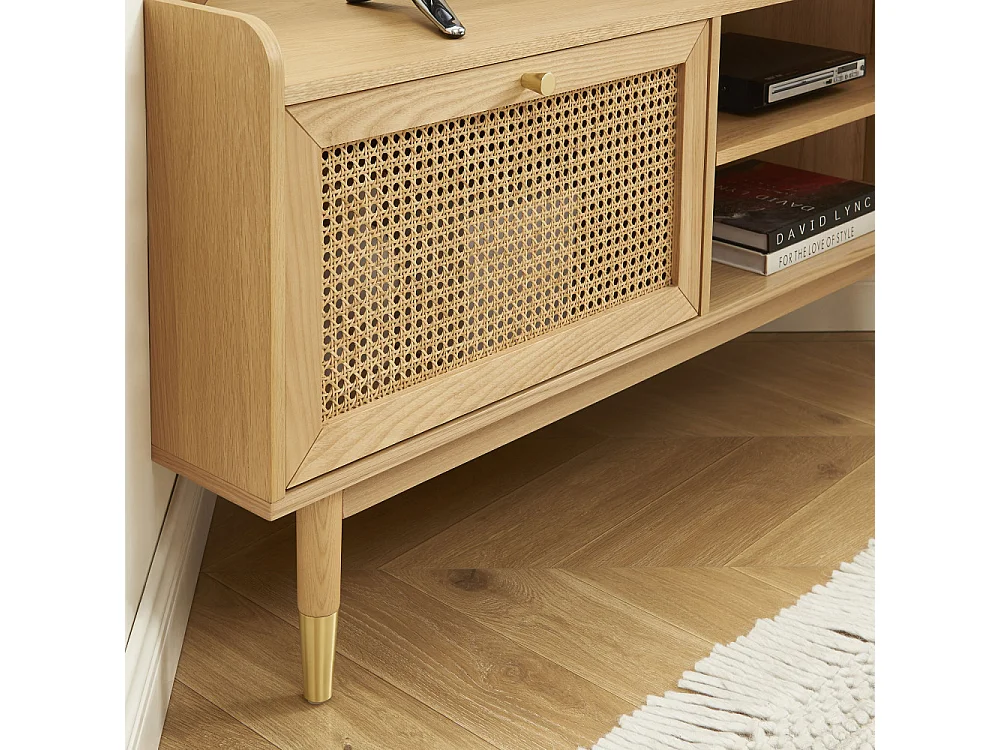 Bombong - Meuble tv d'angle en bois et cannage L120cm - Bois clair