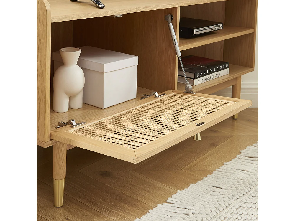 Bombong - Meuble tv d'angle en bois et cannage L120cm - Bois clair