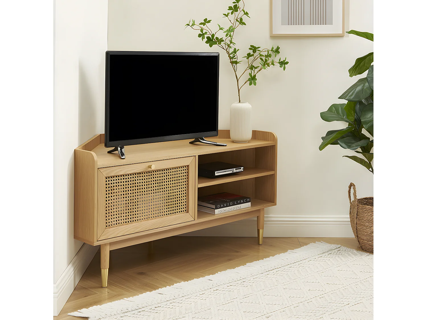 Bombong - Meuble tv d'angle en bois et cannage L120cm - Bois clair