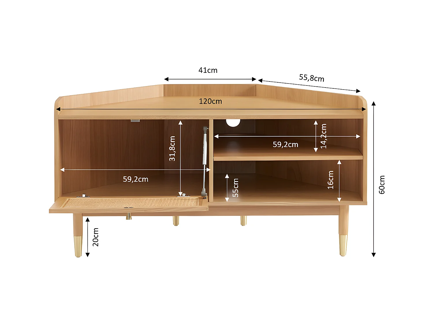 Bombong - Meuble tv d'angle en bois et cannage L120cm - Bois clair