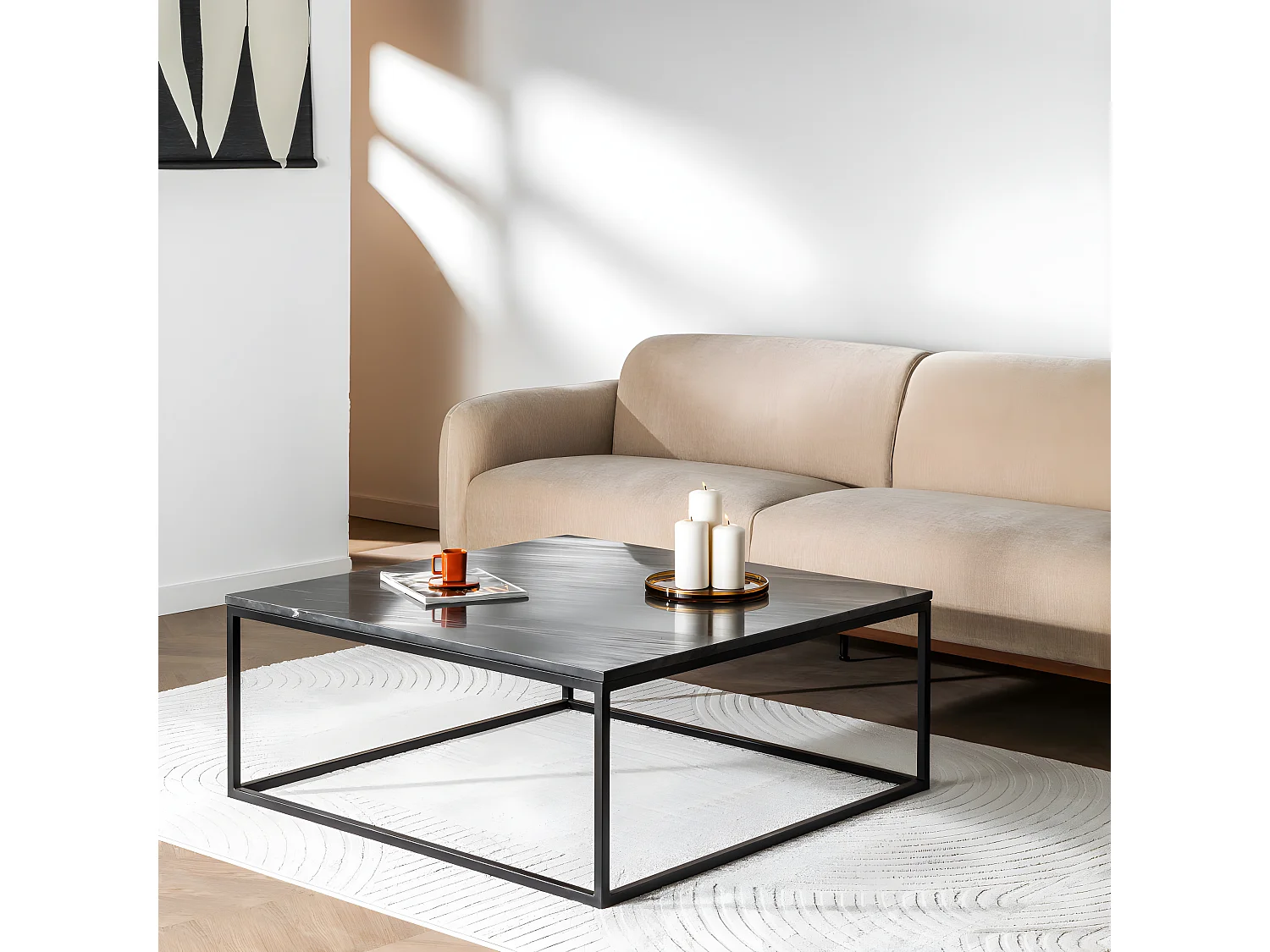 Saku - Table basse carrée en marbre et métal 100x100cm - Noir