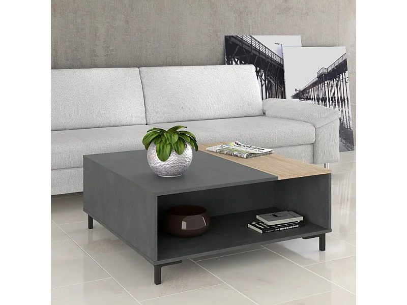 Table basse décor béton gris chêne clair et pieds noir - MADDY