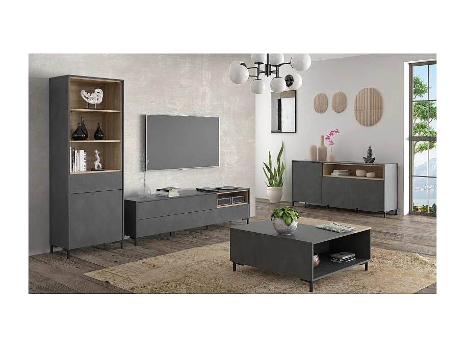 Table basse décor béton gris chêne clair et pieds noir - MADDY