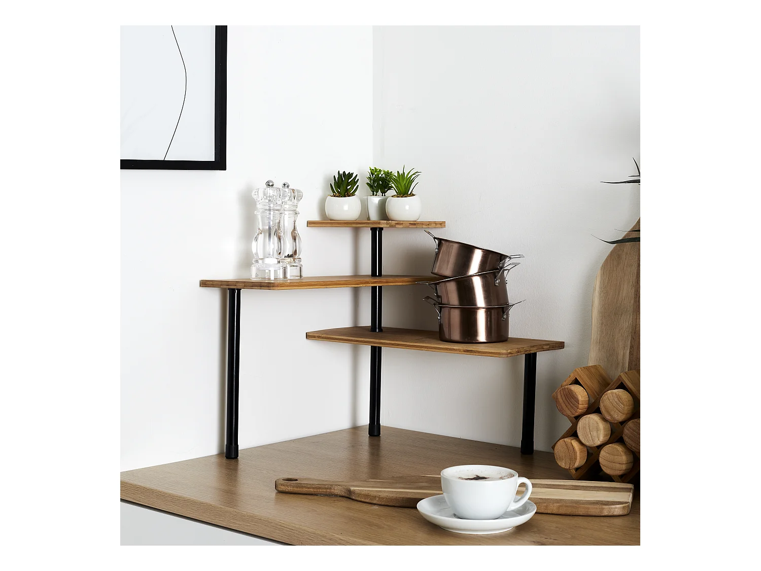 Etagere D Angle Modulable 3 Niveaux En Bambou Marron, Noir