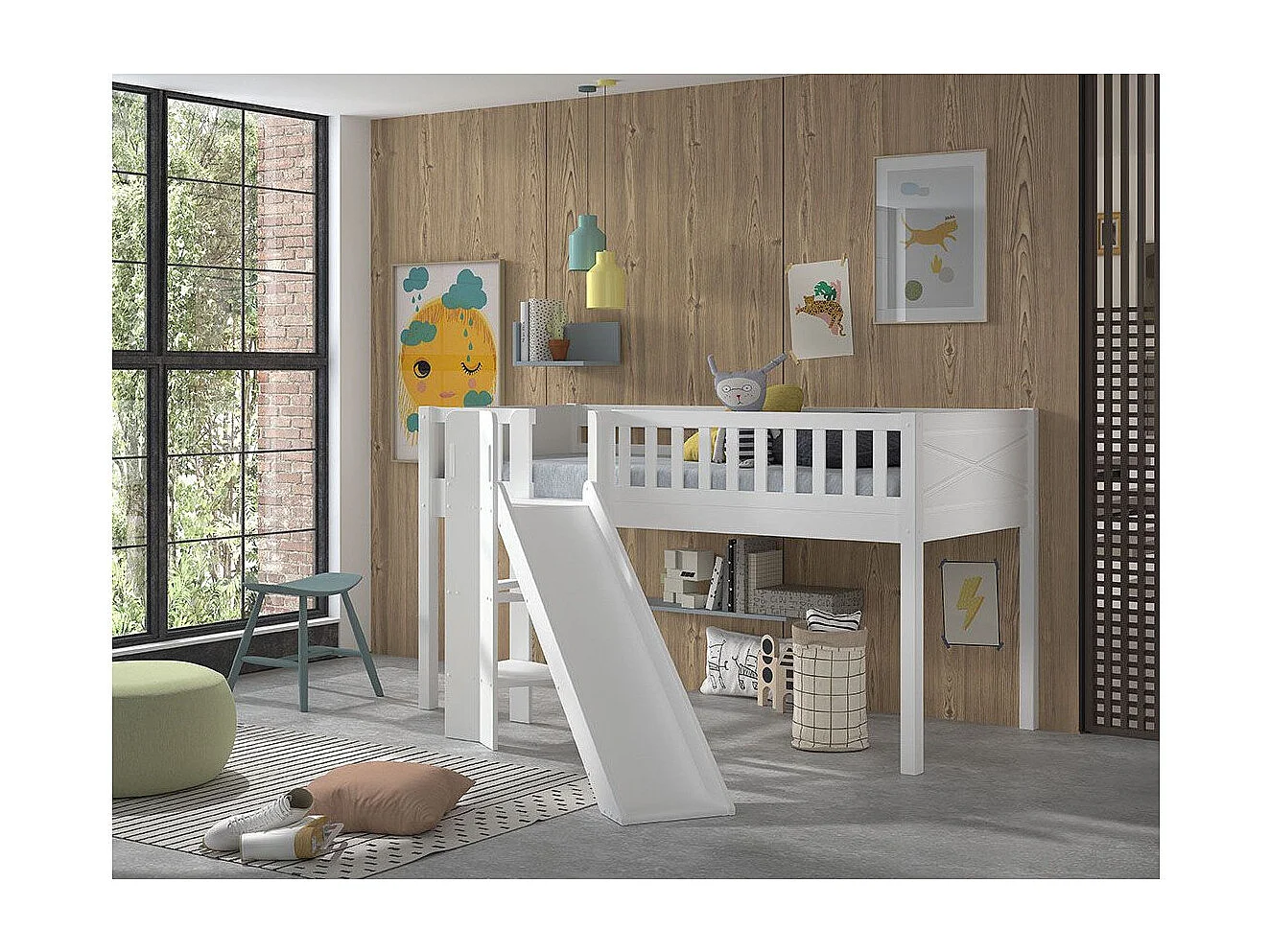 Cama Vipack Scott White 90x200 de meia altura com escorrega e estrado de ripas