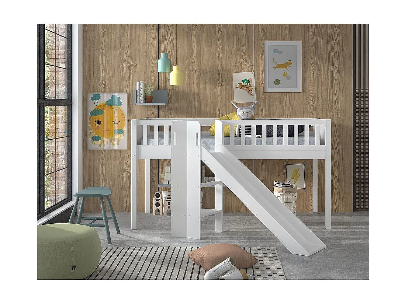 Cama Vipack Scott White 90x200 de meia altura com escorrega e estrado de ripas