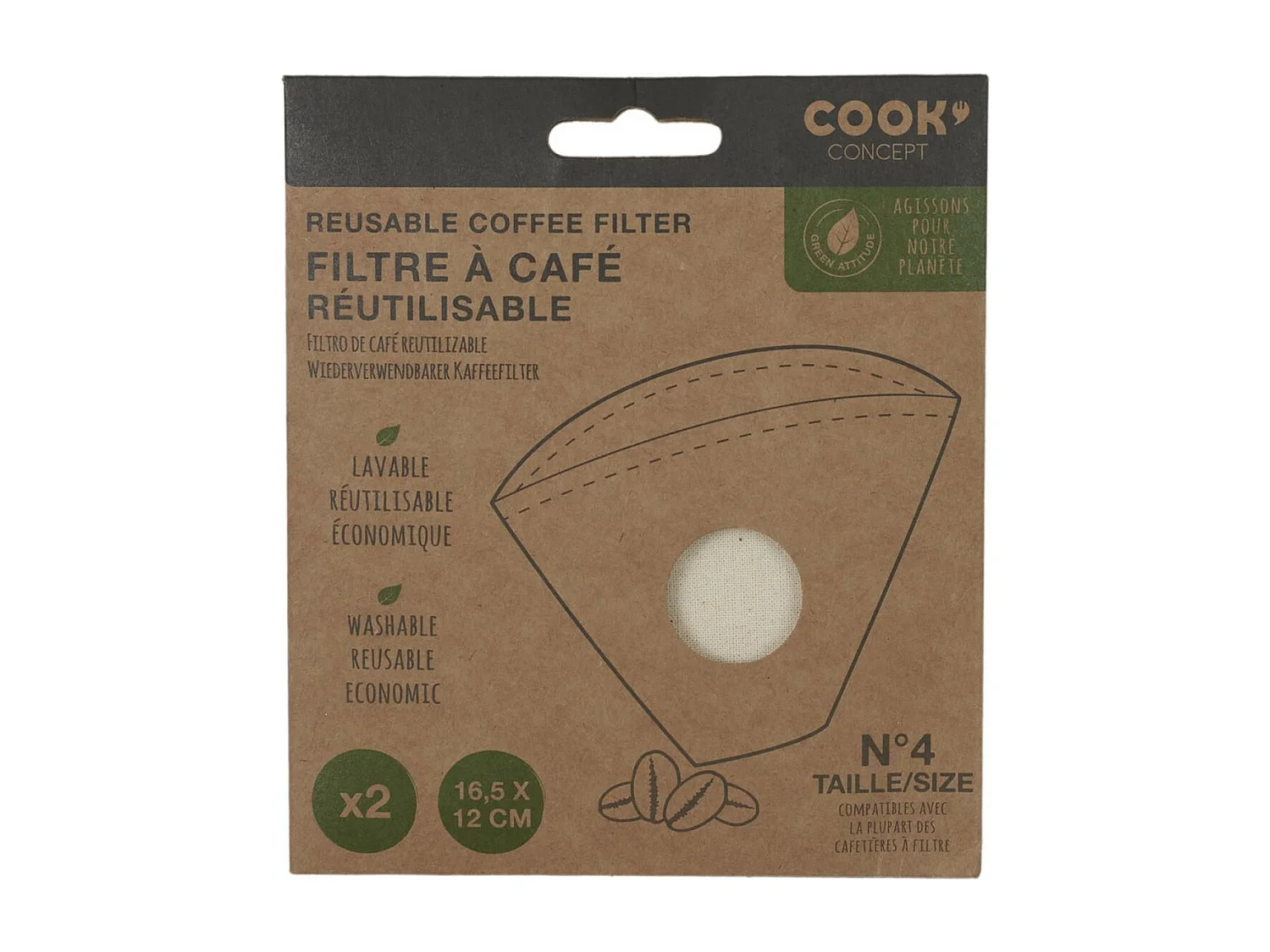 Lot de 2 Filtres à Café Lavables "Ecolo" 16cm Naturel