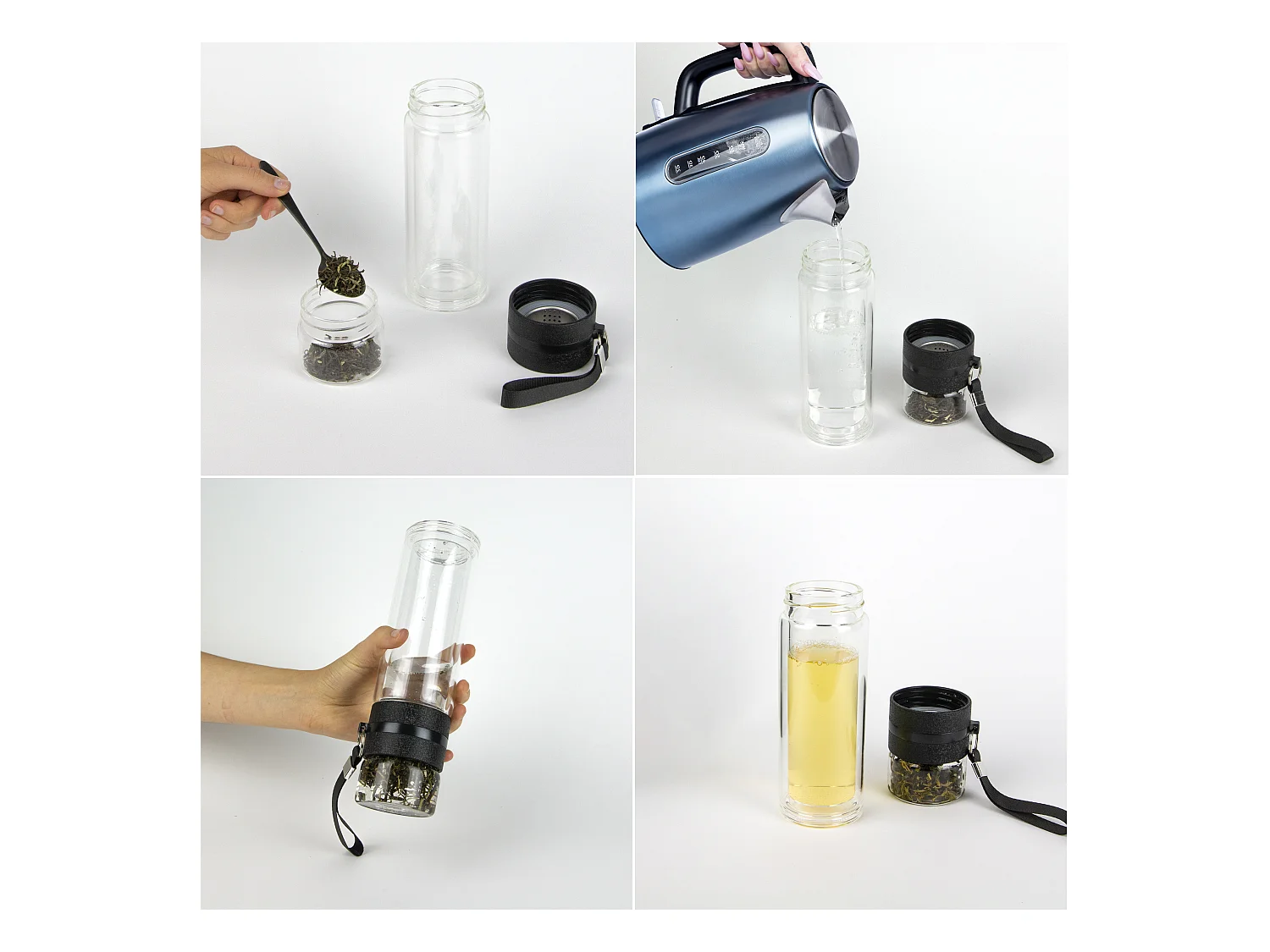 Bouteille Double Paroi Compartiment Infusion Noir, Transparent