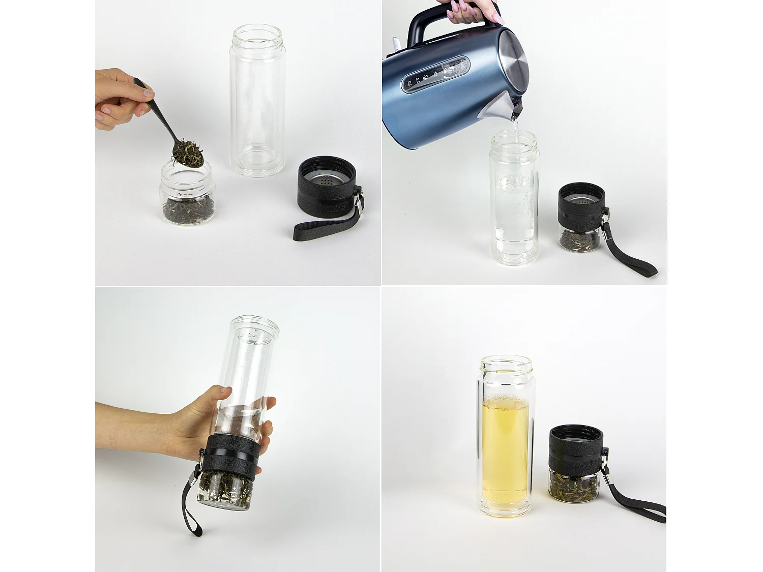 Bouteille Double Paroi Compartiment Infusion Noir, Transparent