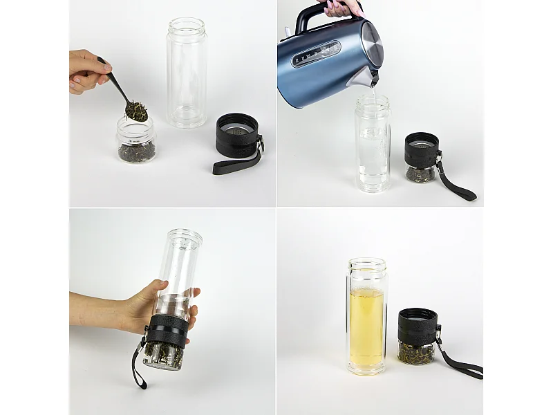 Bouteille Double Paroi Compartiment Infusion Noir, Transparent