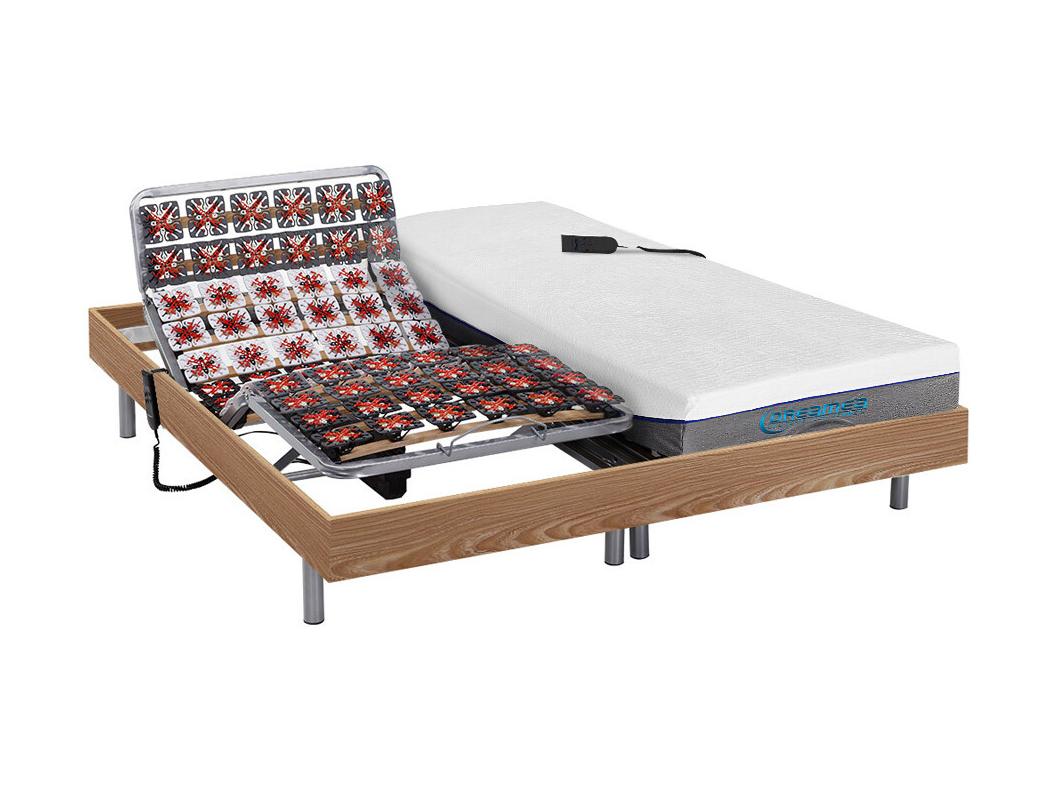 Lit électrique de relaxation tout plots + matelas mémoire de forme - 2 x 90 x 200 cm - Chêne - HESIODE III de DREAMEA