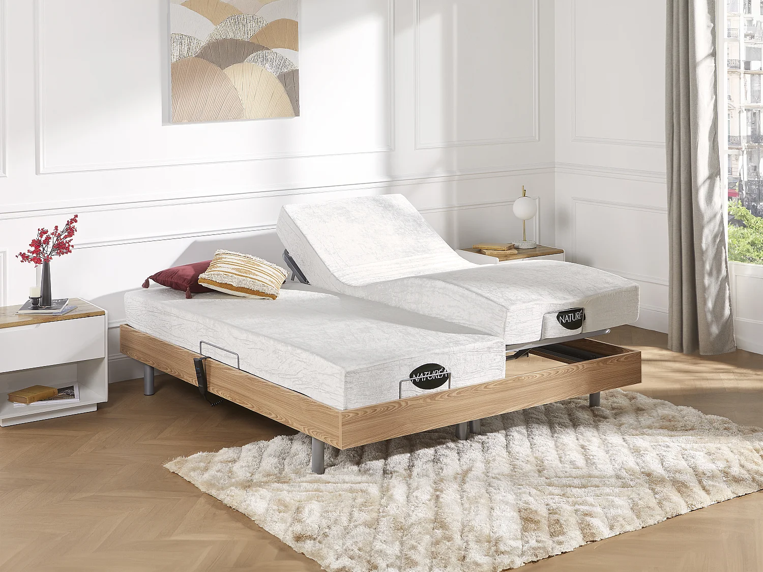 Lit électrique de relaxation tout plots + matelas mémoire de forme et bambou - 2 x 80 x 200 cm - Chêne - LYSIS III de NATUREA