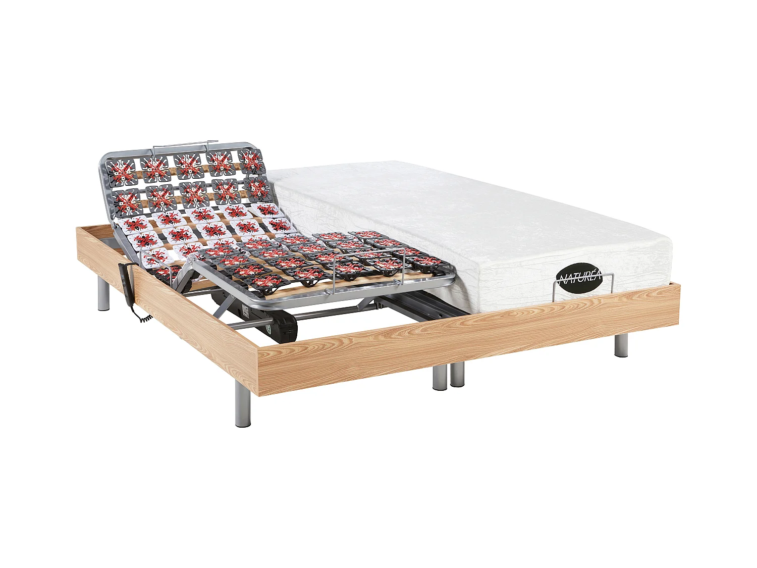 Lit électrique de relaxation tout plots + matelas mémoire de forme et bambou - 2 x 80 x 200 cm - Chêne - LYSIS III de NATUREA